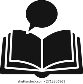 Libro abierto con el icono de la burbuja del discurso que simboliza el aprendizaje del conocimiento y la educación	
