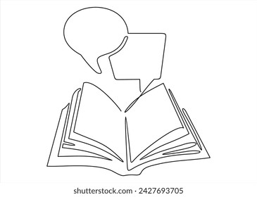 Open Book with Speech Bubble Marks Continuous Line Drawing Book Pages isolated minimalistic trendy style Vector Illustration Black on White