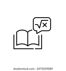 Open book with speech bubble and maths formula. Interactive learning, digital interface. Web-based library. Editable