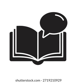 Open book speech bubble reading solid black vector icon isolated white background education literature learning story symbol graphic design illustration