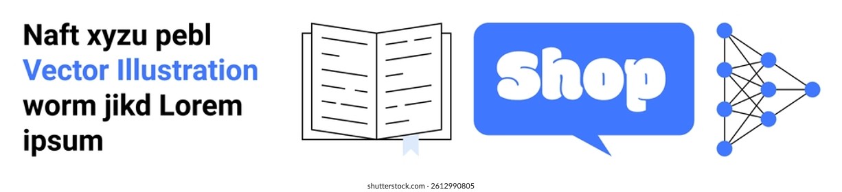 Open book, speech bubble with text Shop, and neural network nodes connected by lines. Ideal for education, e-commerce, artificial intelligence, online stores, machine learning. Banner for landing