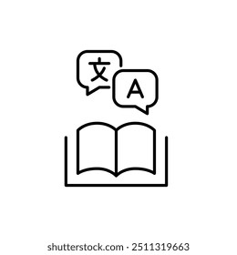 Open book with speech bubbles in different languages. Dictionary, study and global communication. Pixel perfect vector icon