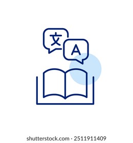 Open book with speech bubbles in different languages. Dictionary, study and global communication. Pixel perfect, editable stroke icon