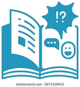 Libro abierto con burbujas de discurso y emojis, icono educativo