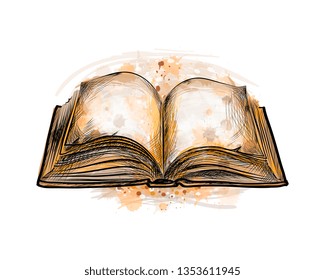 Open book from a splash of watercolor, hand drawn sketch. Vector illustration of paints