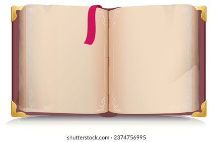 Open book spread with empty blank page and red bookmark. Vector cartoon illustration isolated on white