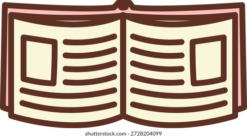 Abra el libro con páginas de extensión, líneas de contorno en negrita y bloques de texto simples. Símbolo de conocimiento, estudio, lectura y educación. Ilustración vectorial de dibujos animados.