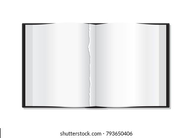 Open Book Spread With Torn Page Top View Blank Realistic Vector Template - Black Elements On White Background - Flat And Gradient Graphic Design