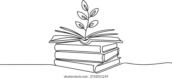 Libro abierto con Vector de dibujo continuo de una línea de planta germinada