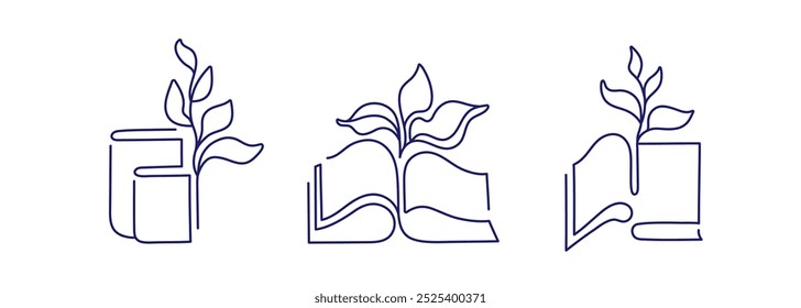 Open book with sprout plant, leaves. One continuous line icon. Doodle contour vector collection isolated. Education study and knowledge concept. Growing wisdom in editable stroke