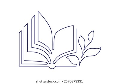 Open book with sprout plant, leaves. Vector one continuous line symbol. Education study and knowledge concept. Growing wisdom in editable stroke. Doodle label isolated on white background