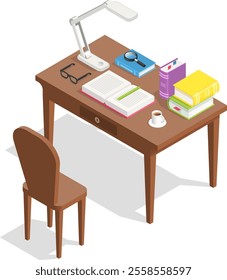 Open book, stack of books, magnifying glass, reading glasses, cup of coffee and desk lamp are lying on wooden table with chair, creating comfortable learning or working environment