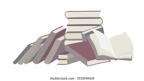 Open book and stack of books outline vector illustration. College books. 