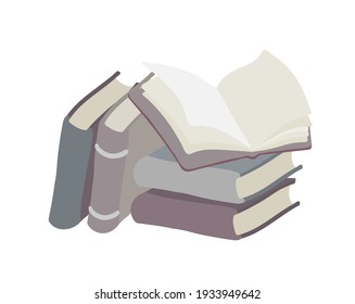 Open book and stack of books outline vector illustration. Hardcover books. 