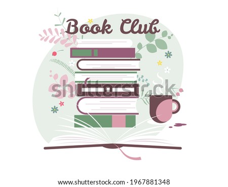 Open book and stack of books. Reading, education and knowledge. Literature, encyclopedia, library. Template for book club or bookshop advertising. Flat design vector illustration. Design elements
