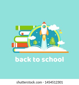 Open book, stack of books, rocket pencil with fire on blue background. Vector flat illustration. reading and learning power logo. Imagination, inspiration, fantasy, creative. Back to school card