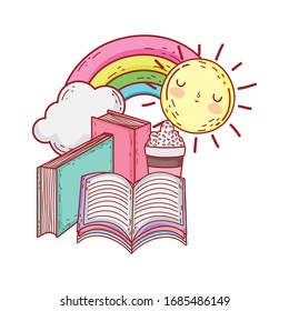 open book in stacked books rainbow sun cartoon vector illustration