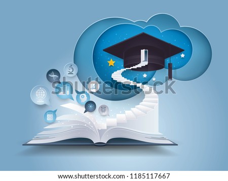 Open book with stair to graduation cap, The door with graduation Hat on top of Staircase, Bubble talk with Education icon,knowledge,Study,diploma,College,University Education concept, Paper art vector