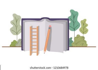 Open book with staircase and landscape isolated icon