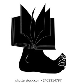 Open book standing on a bare human foot. Funny design. Black and white silhouette.