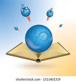 An open book star above it, and flying space creatures