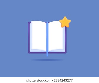 Open the book and star. Bookmarks or favorite books. Save the pages of the book. References, literature, or popular journals. Online libraries. Education and science. Symbol or icon. Minimalist 3D 
