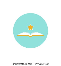 Open book with  star flying out in blue circle isolated on white background. Flat icon. Vector illustration. Magic reading logo. Fairytale pictogram. Education and knowledge