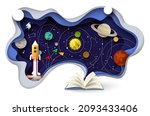 Open book with starry sky, flying rocket, solar system planets orbiting Sun, zodiac constellations and cosmonaut in outer space, vector illustration in paper art style. Astronomy science, education.