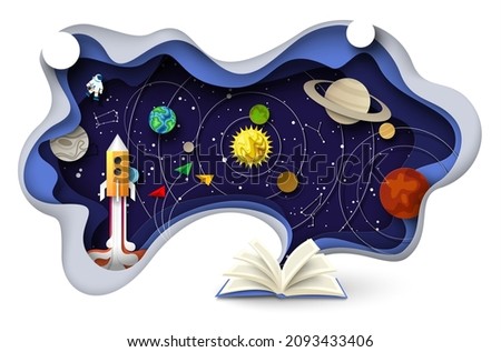 Open book with starry sky, flying rocket, solar system planets orbiting Sun, zodiac constellations and cosmonaut in outer space, vector illustration in paper art style. Astronomy science, education.