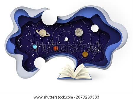 Open book with starry sky, solar system planets orbiting Sun, zodiac constellations, vector illustration in paper art style. Astrology, astronomy science, imagination, horoscope predictions.