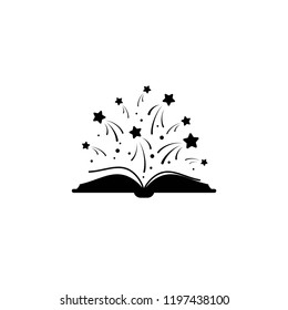 Open book with stars or fireworks flying out. Isolated on white background. Flat icon. Vector illustration. Magic, creative reading logo. Fairytale pictogram. Book for kids. Power of knowledge sign.