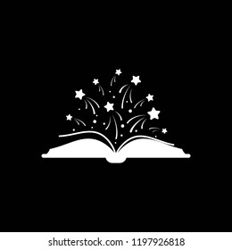 Open book with stars or fireworks flying out. Isolated on black background. Flat icon. Vector illustration. Magic, creative reading logo. Fairytale pictogram. Book for kids. Power of knowledge sign.