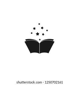 Open book with stars or fireworks flying out. Isolated on white background. Flat icon. Vector illustration. Magic, creative reading logo. Fairytale pictogram. Book for kids. Power of knowledge sign.