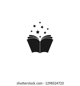 Open book with stars or fireworks flying out. Isolated on white background. Flat icon. Vector illustration. Magic, creative reading logo. Fairytale pictogram. Book for kids. Power of knowledge sign.