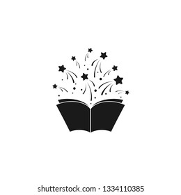 Open book with stars or fireworks flying out. Isolated on white background. Flat icon. Vector illustration. Magic, creative reading logo. Fairytale pictogram. Book for kids. Power of knowledge sign.