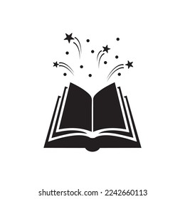 Open book with stars or fireworks flying out. Isolated on white background. Flat icon. Magic, creative reading logo. Fairytale pictogram. Book for kids