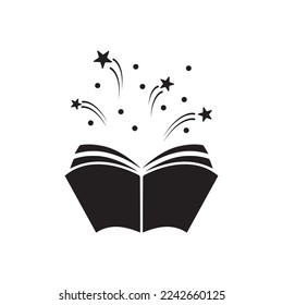 Open book with stars or fireworks flying out. Isolated on white background. Flat icon. Magic, creative reading logo. Fairytale pictogram. Book for kids