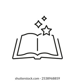 Libro Abierto Con Icono De Línea De Estrellas. Símbolo mágico del contorno del libro de cuentos. Lectura De Fantasía, Cuento De La Hora De Dormir O Cuento De Hadas. Trazo Editable. Ilustración vectorial aislada.