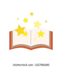 Open book with stars. School learning, education, knowledge, imagination, literature concept. Flat cartoon vector design illustration isolated on white background . 