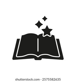 Open Book With Stars Silhouette Icon. Magical Storybook Glyph Symbol. Fantasy Reading, Bedtime Story Or Fairy Tale. Isolated Vector Illustration.