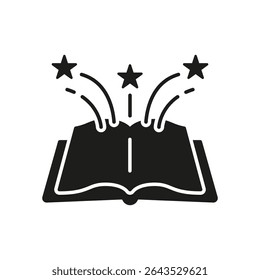 Open Book With Stars Solid Icon. Imagination, Creativity, And Knowledge Explosion Silhouette Symbol. Educational Inspiration And Fantasy. Isolated Vector Illustration.