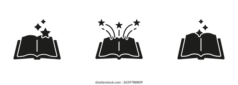 Open Book With Stars Solid Icon Set. Imagination, Creativity, And Knowledge Explosion Silhouette Symbol Collection. Educational Inspiration And Fantasy Concept. Isolated Vector Illustration.