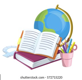 Libro abierto, papelería y globo terráqueo