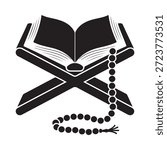 An open book with a string of prayer beads resting beside it