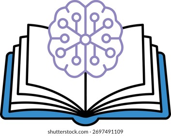 An open book with a stylized brain icon, symbolizing knowledge, learning, and artificial intelligence. Isolated on white background.
