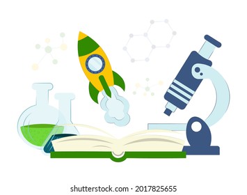 Open book and subjects of science. The concept of modern education, research success. Vector flat illustration eps10 