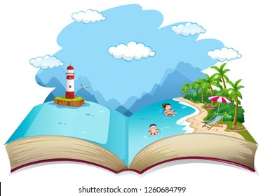 Open book summer beach holiday theme illustration