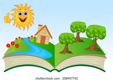 open book with summer landscape, vector illustration