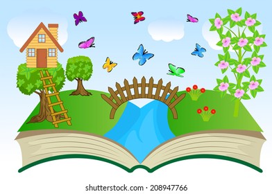 open book with summer landscape, vector illustration