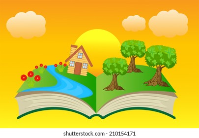 open book with summer landscape, vector illustration